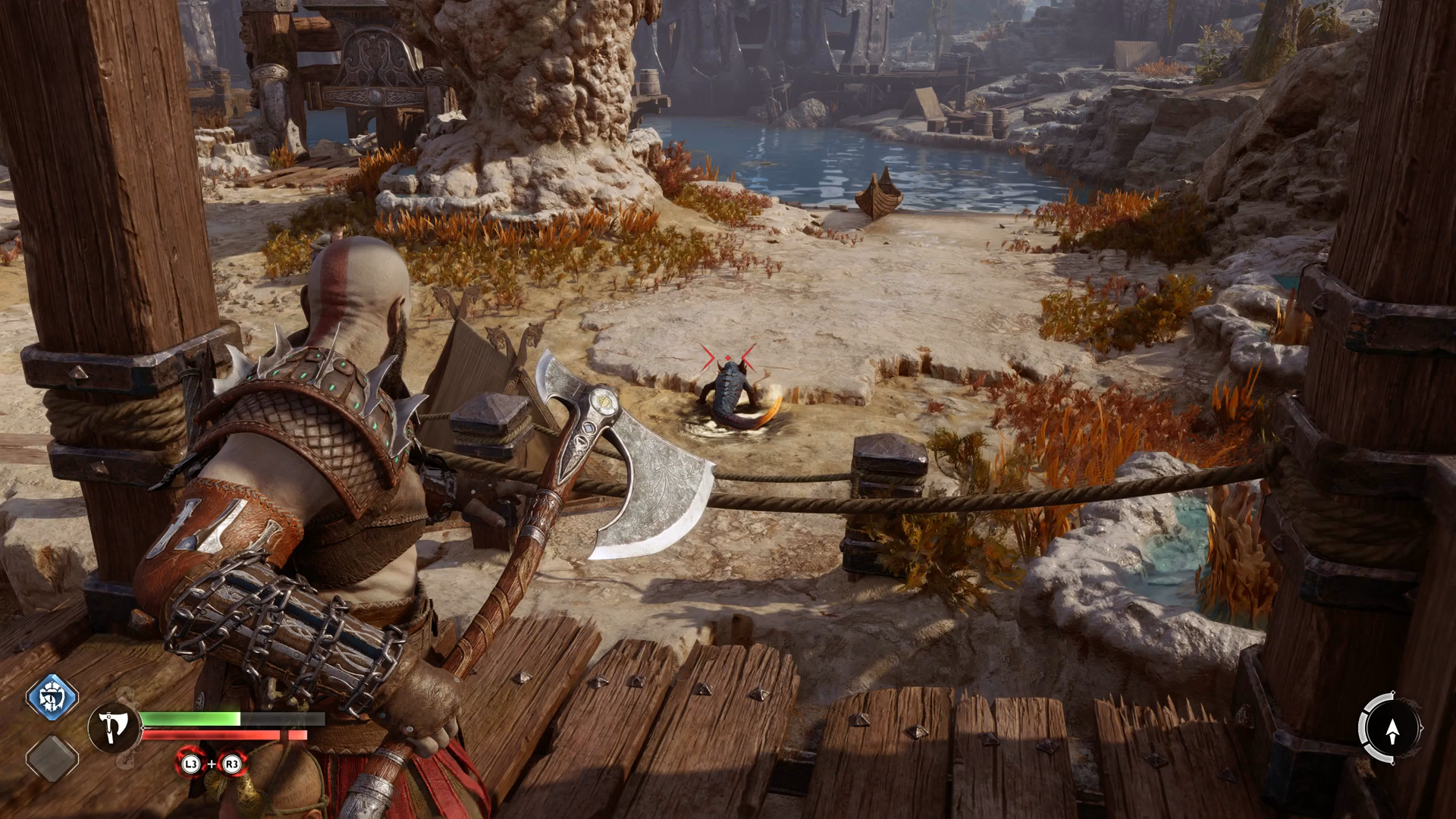 Kratos in the right vantage point to defeat the Ormr in the Aurvangar Wetlands in God of War Ragnarok