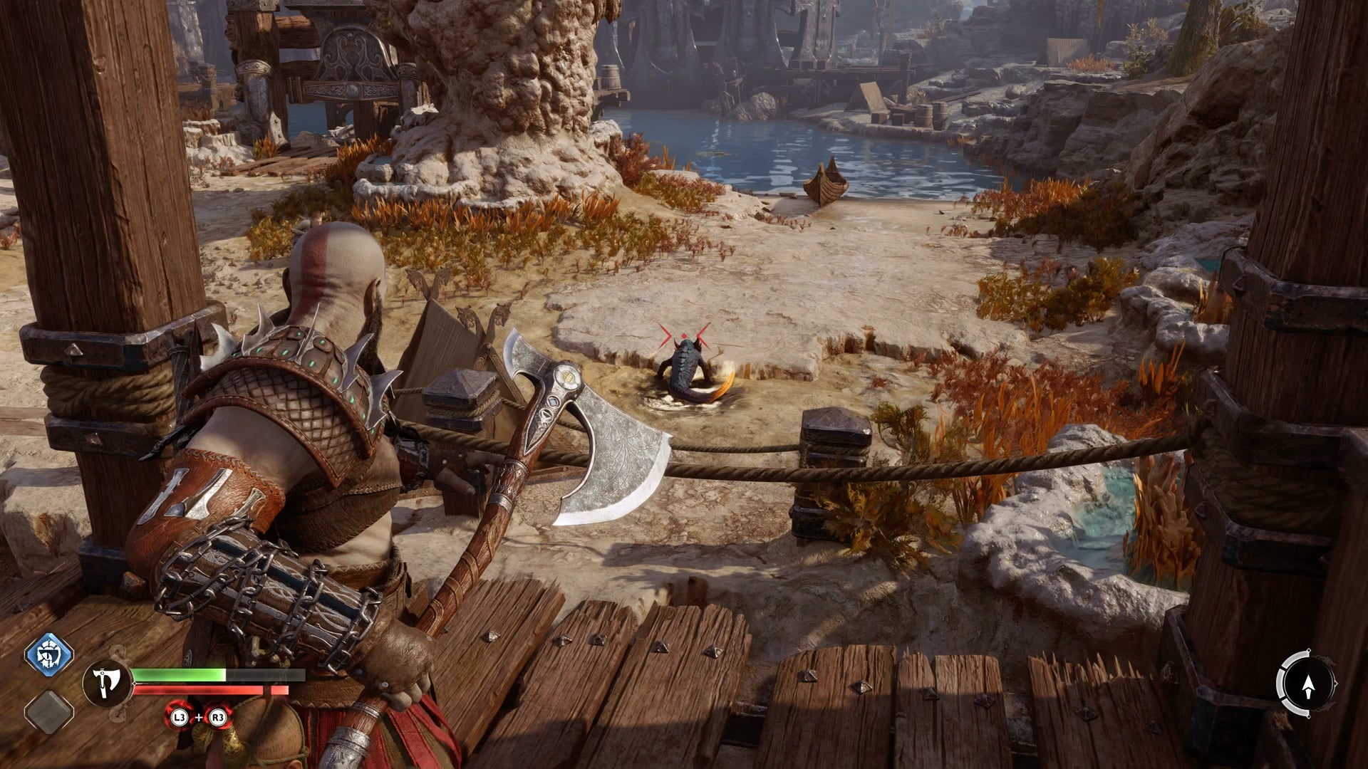 Kratos in the right vantage point to defeat the Ormr in the Aurvangar Wetlands in God of War Ragnarok - 17