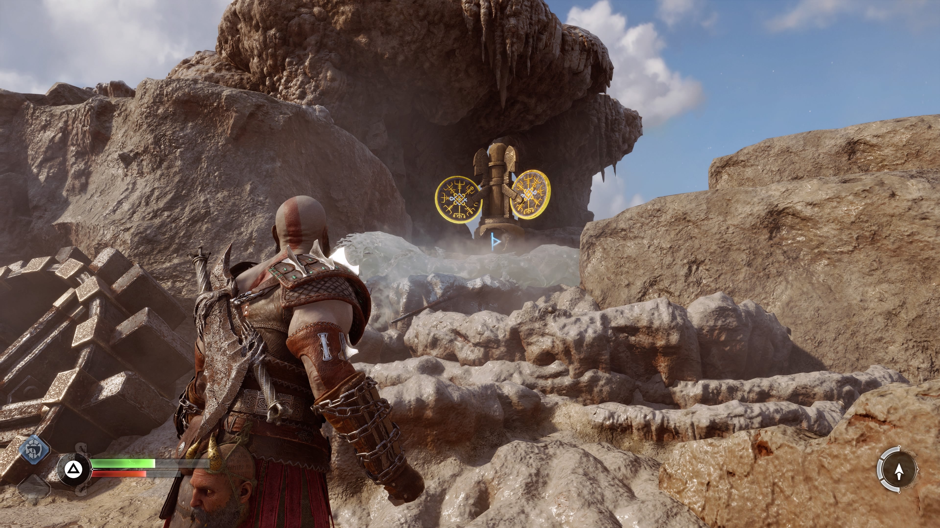 The first rune mechanism for unlocking the second Aurvangar Wetlands Nornir Chest in God of War Ragnarok