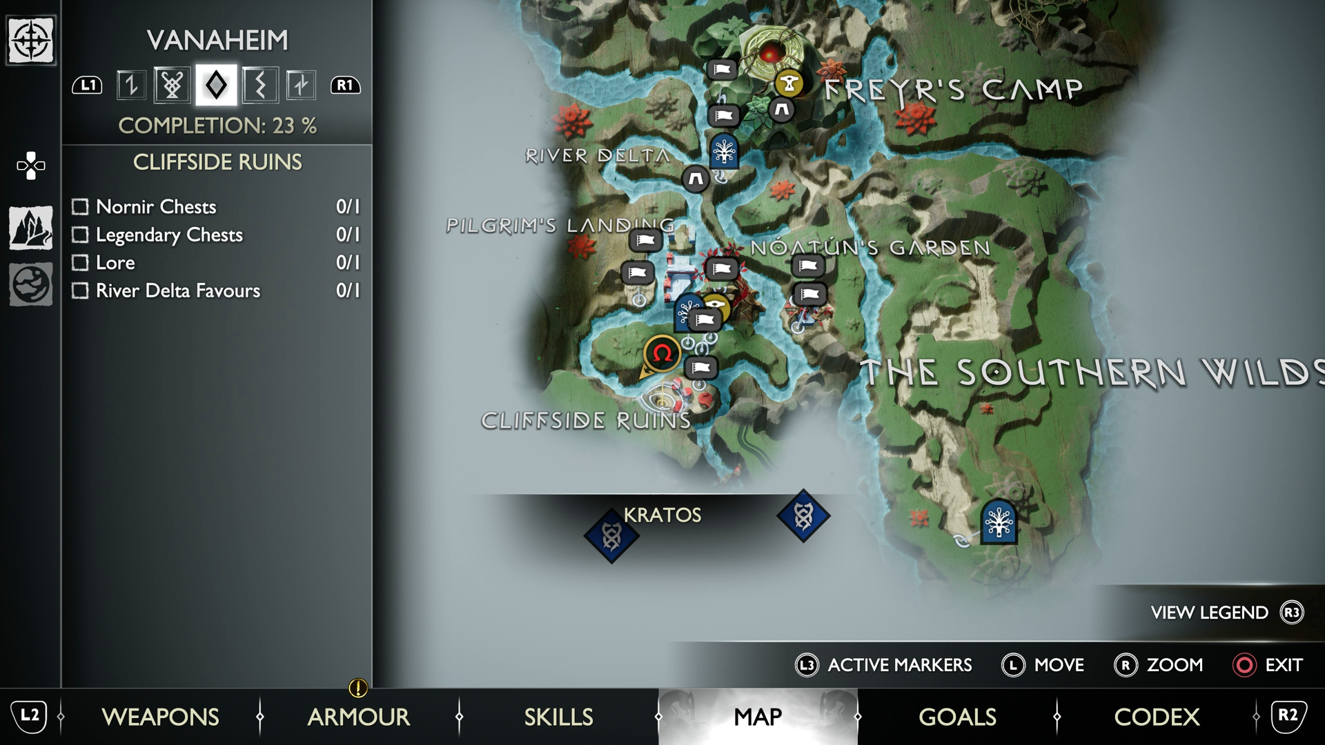 A map view of the Nornir Chest in the Cliffside Ruins in God of War Ragnarok