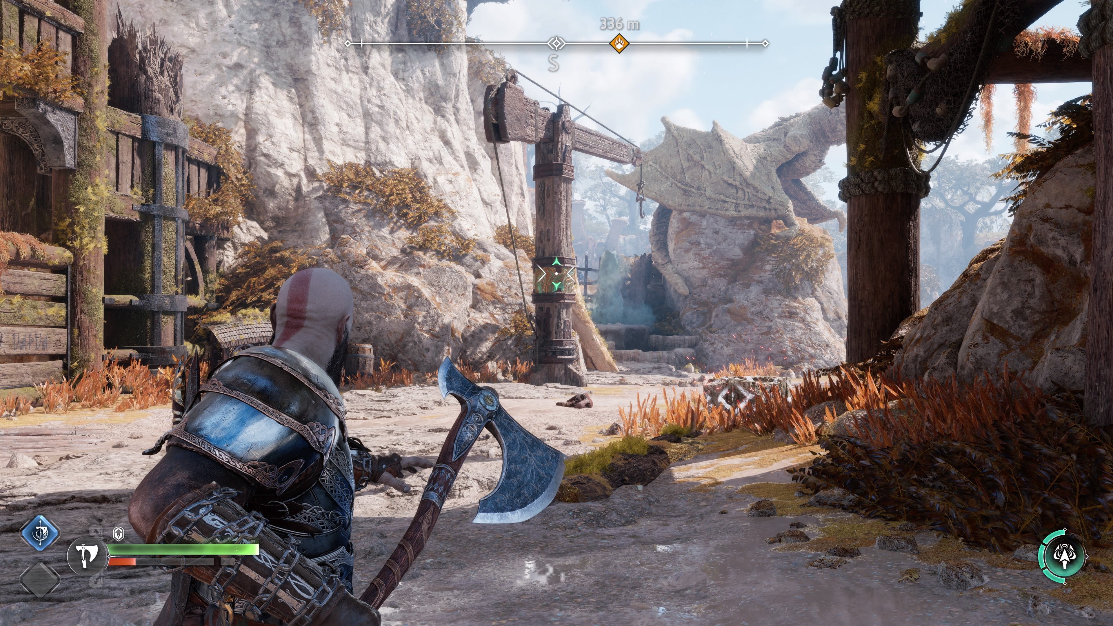 The crane Kratos needs to destroy to free a geyser on Dragon Beach in God of War Ragnarok