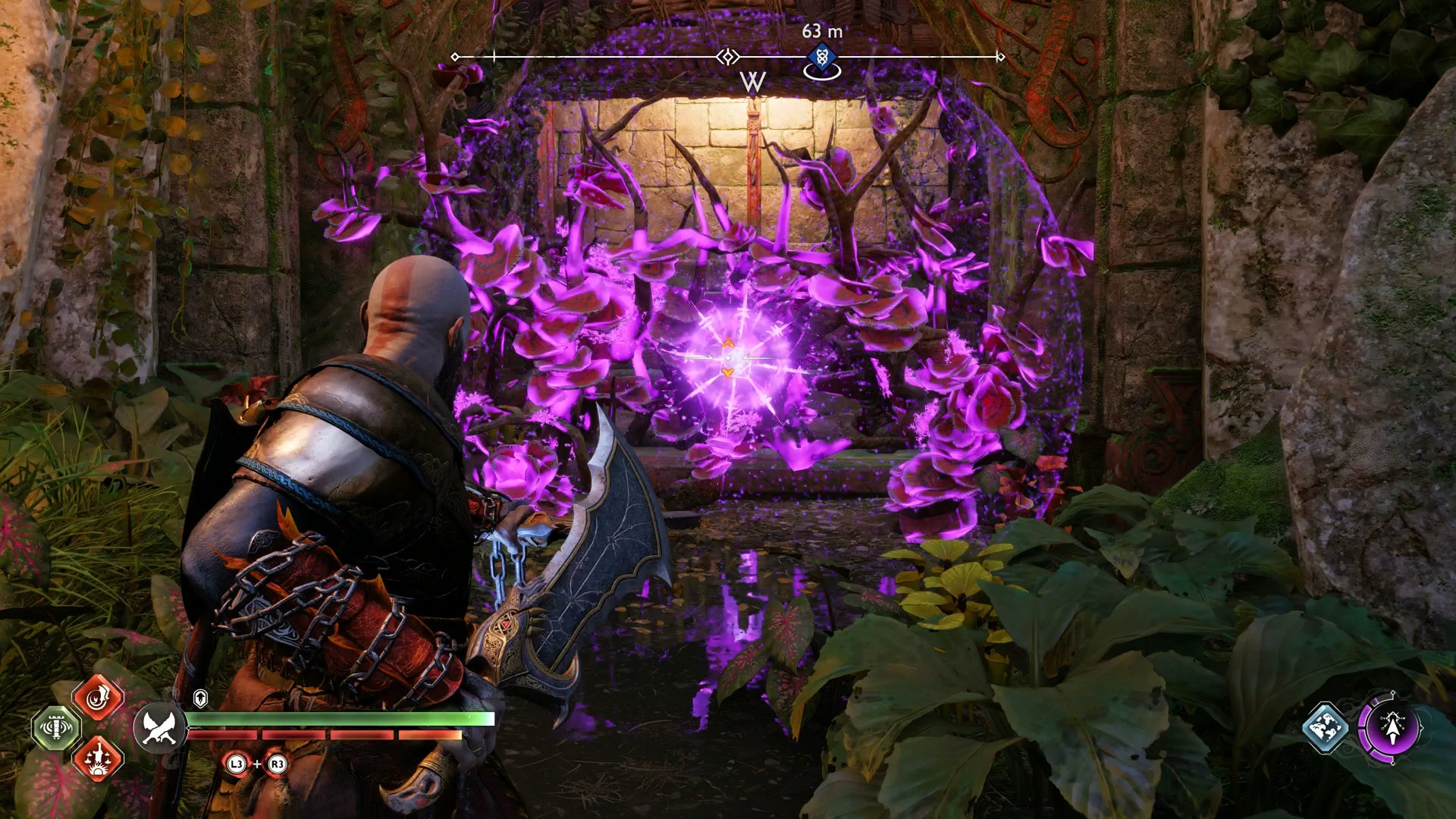Kratos using a sigil arrow to burn some magical vines in God of War Ragnarok - 14