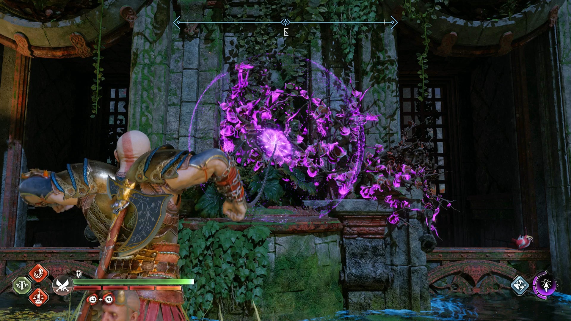 Kratos lighting some magic vines with his Blades of Chaos in God of War Ragnarok - 16