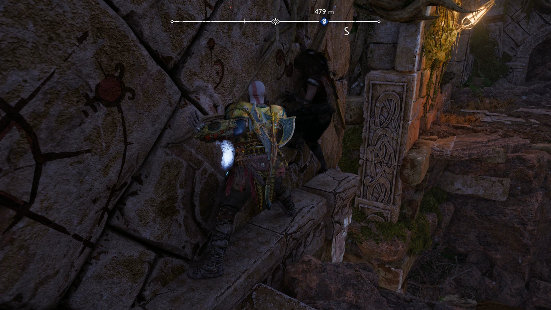 Kratos shimmying across a narrow gap in God of War Ragnarok - 5