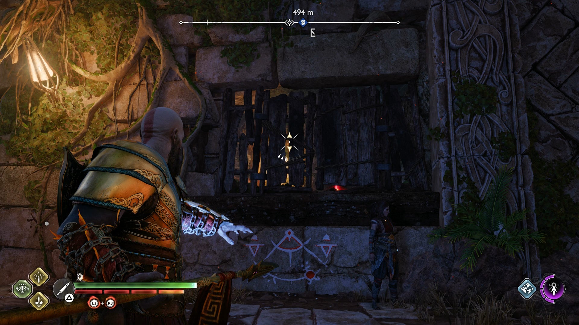 Kratos destroying a wooden barrier with a spear in God of War Ragnarok - 6