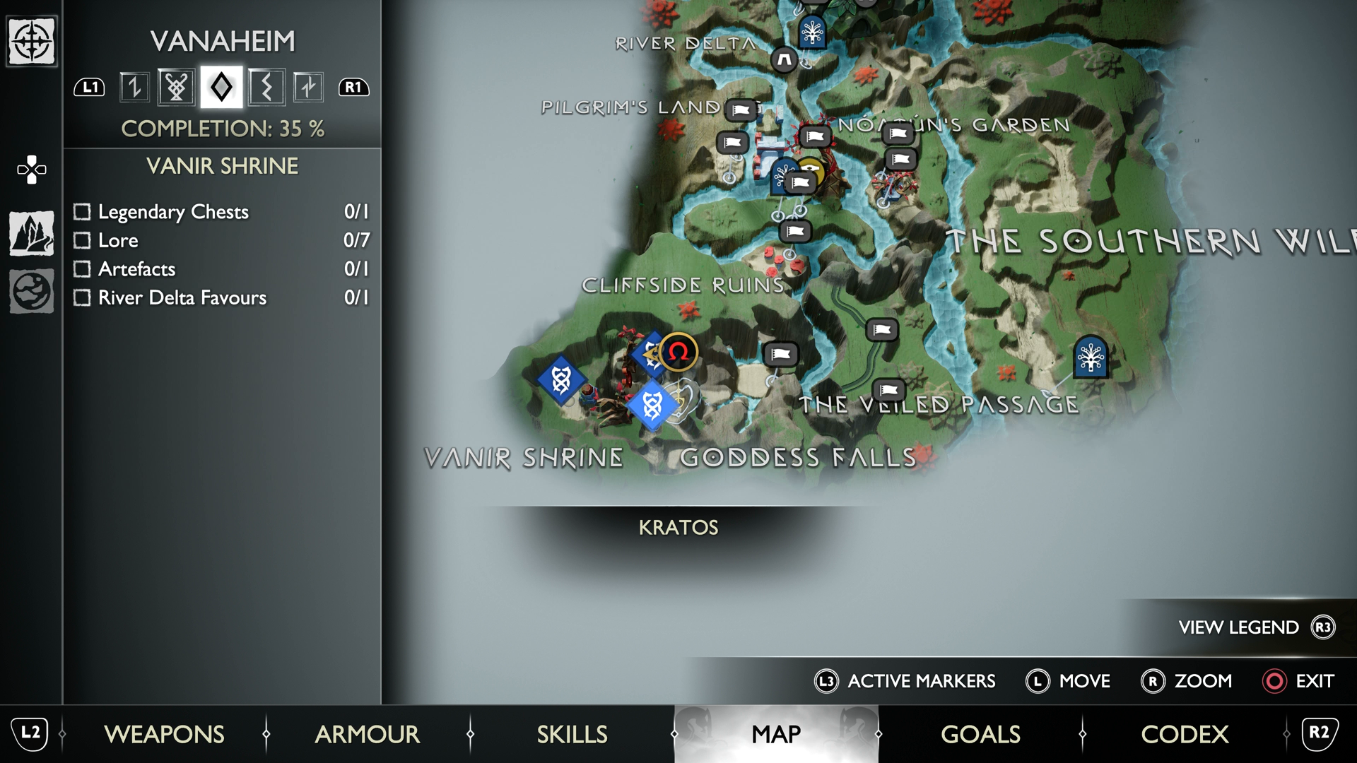 A map view of the Nornir Chest in Goddess Falls in God of War Ragnarok