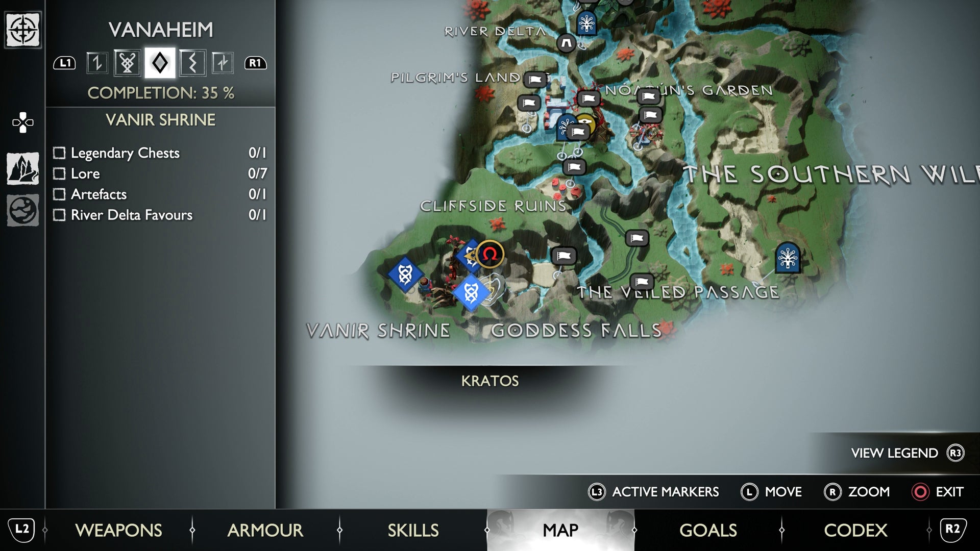 A map view of the Nornir Chest in Goddess Falls in God of War Ragnarok - 95