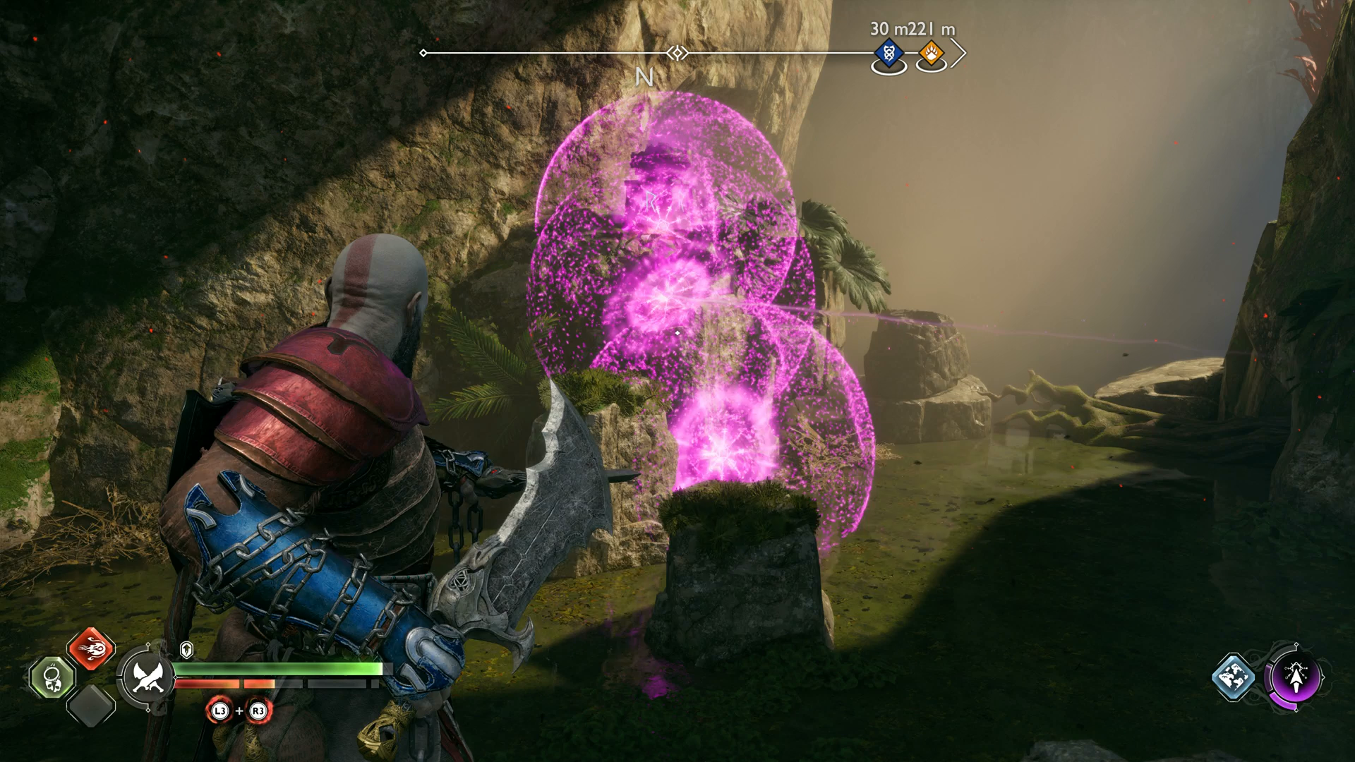 Kratos using sigil arrows to light the first torch for the Goddess Falls Nornir Chest in God of War Ragnarok