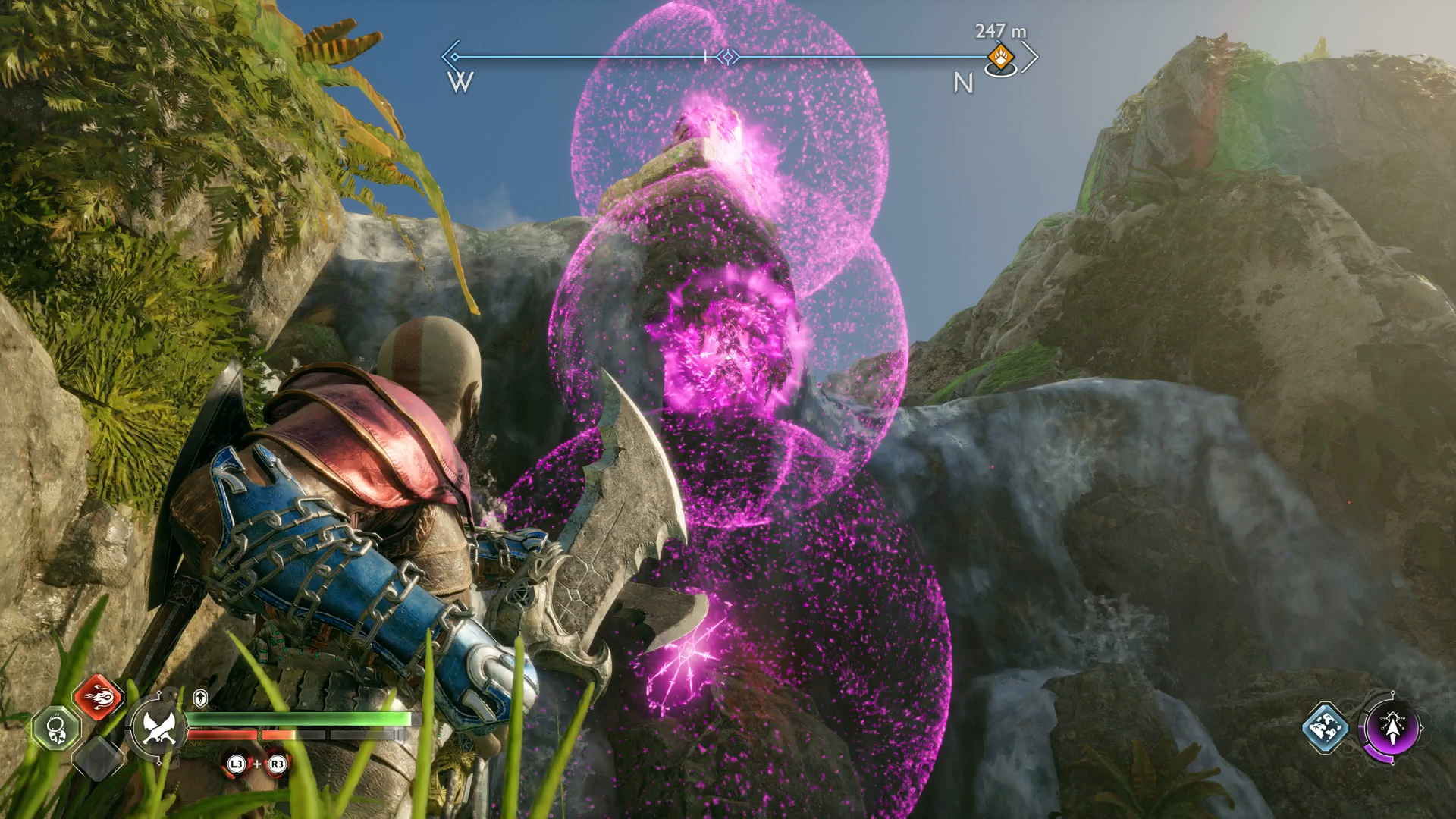 Kratos using sigil arrows to light the second torch for the Goddess Falls Nornir Chest in God of War Ragnarok