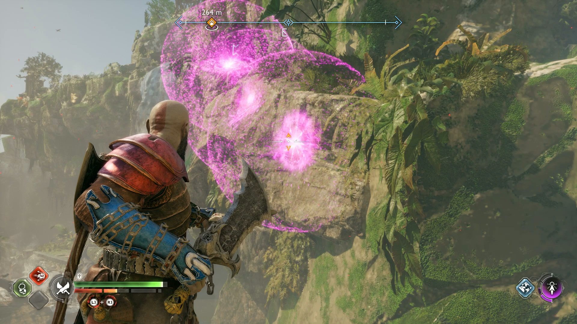 Kratos using sigil arrows to light the third torch for the Goddess Falls Nornir Chest in God of War Ragnarok