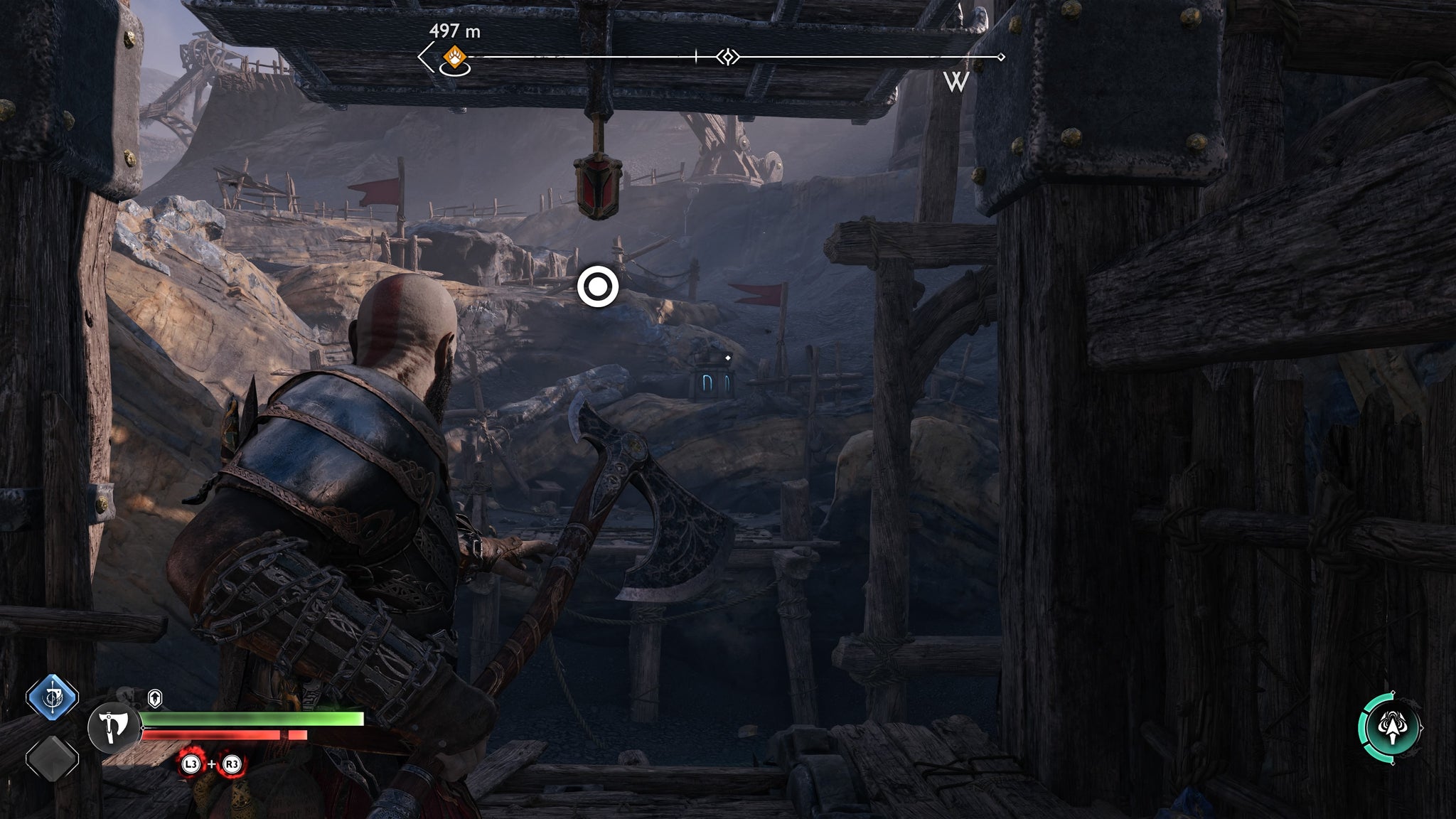 Kratos using his Blades of Chaos to swing across to a brazier in God of War Ragnarok - 33
