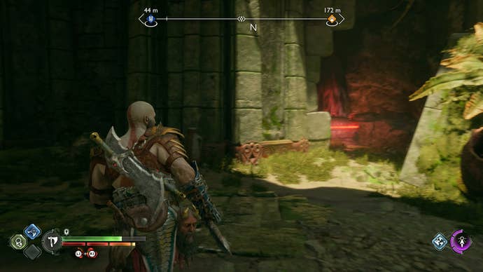 Kratos sliding open the sarcophagus containing Lunda’s Lost Cuirass in God of War Ragnarok