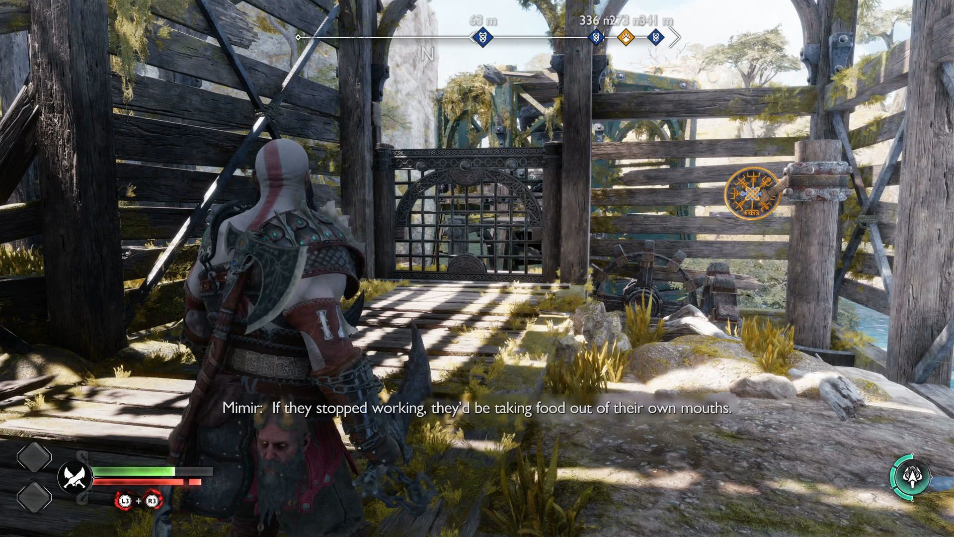 Kratos throwing his axe at a target to open a gate in God of War Ragnarok