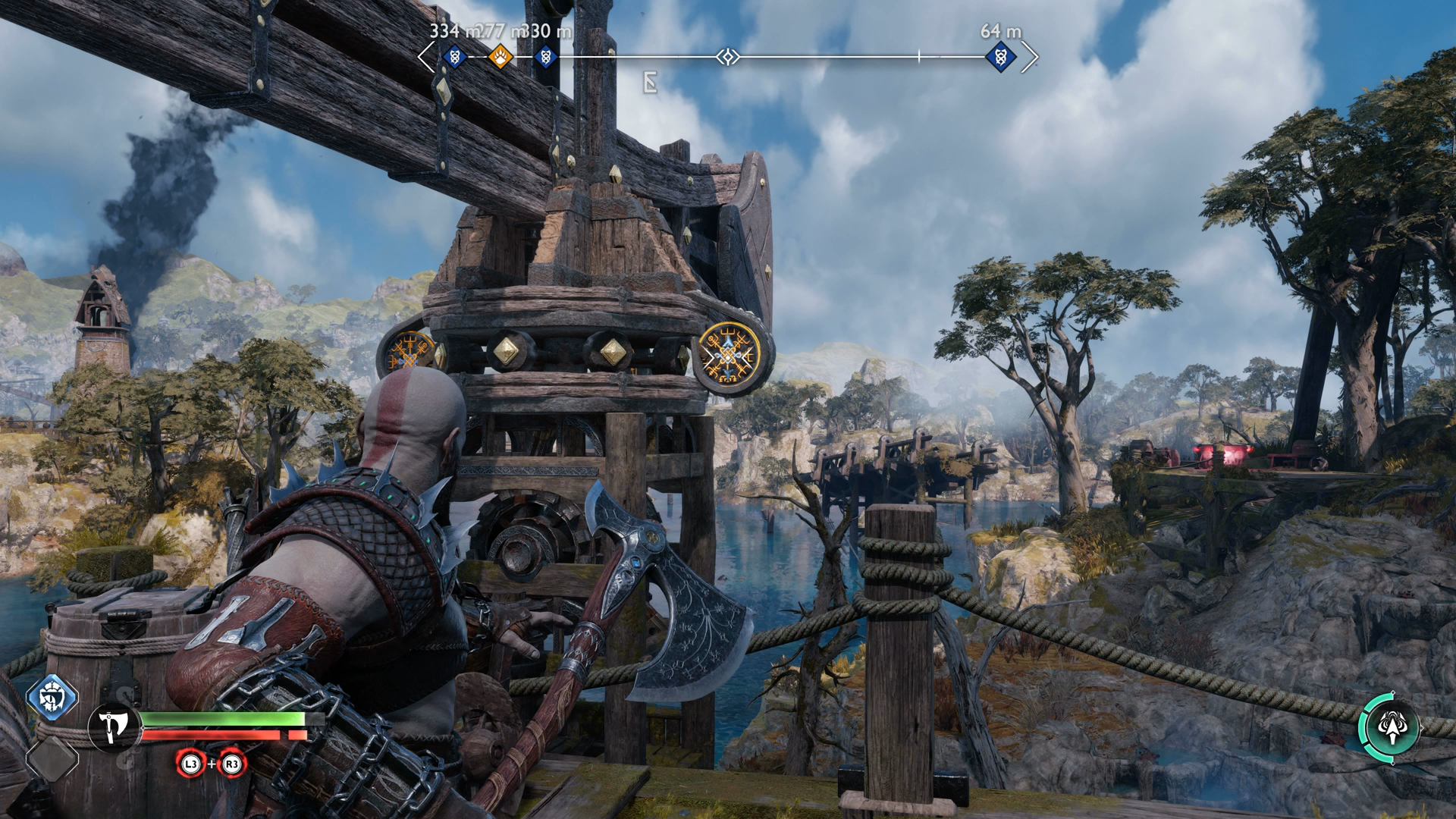 Kratos lining up an axe throw to spin a crane in God of War Ragnarok