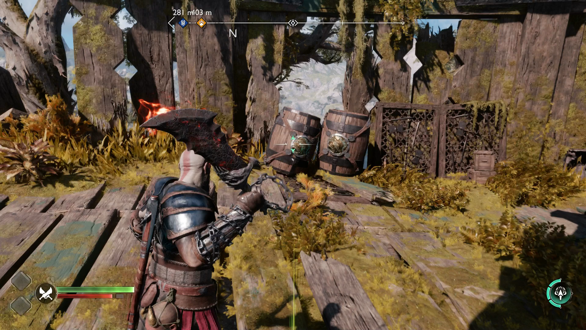 The barrels blocking the second torch on Radsvinn&rsquo;s Rig in God of War Ragnarok