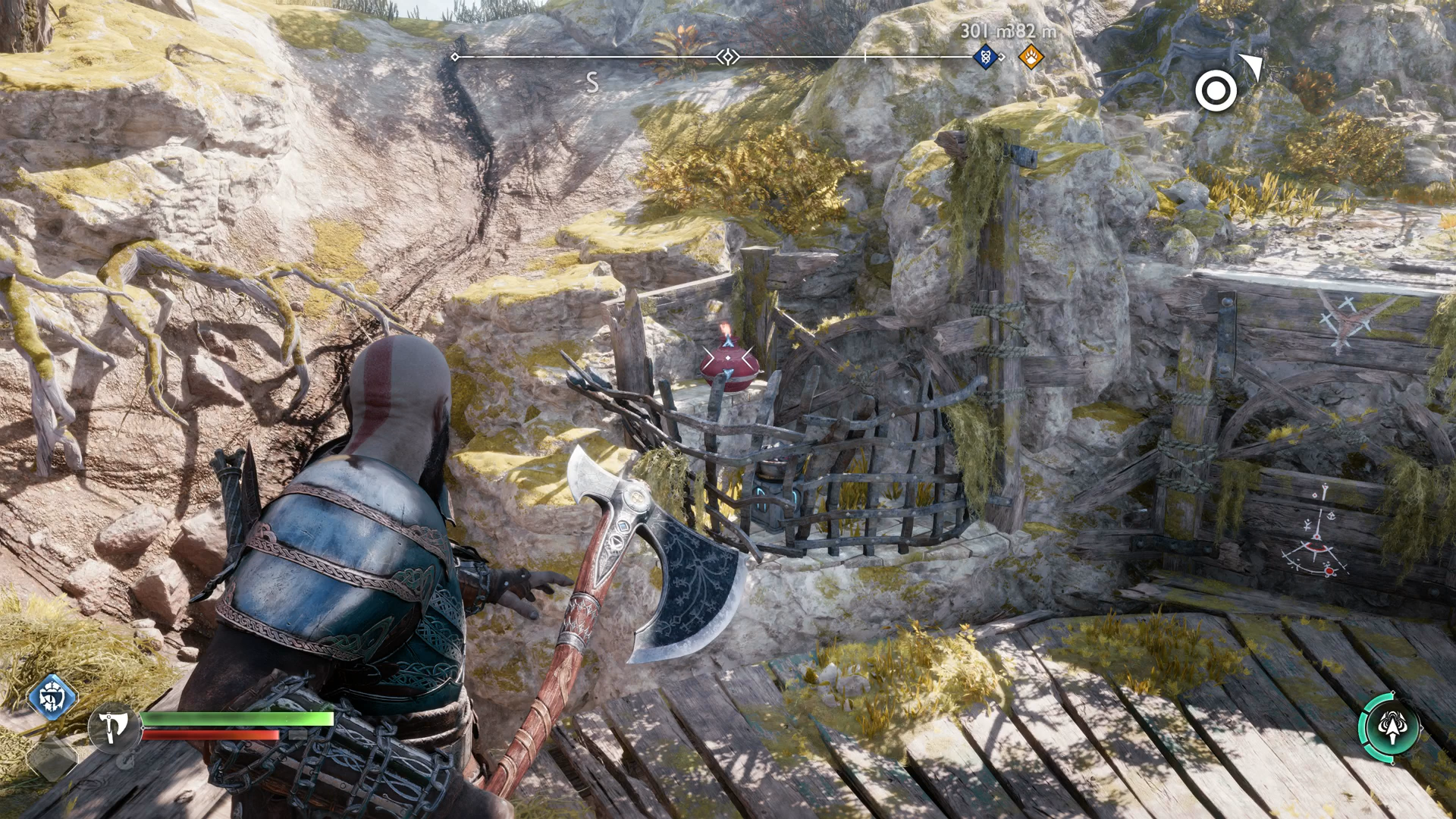 The line of sight Kratos needs to use to light the third torch on Radsvinn&rsquo;s Rig in God of War Ragnarok