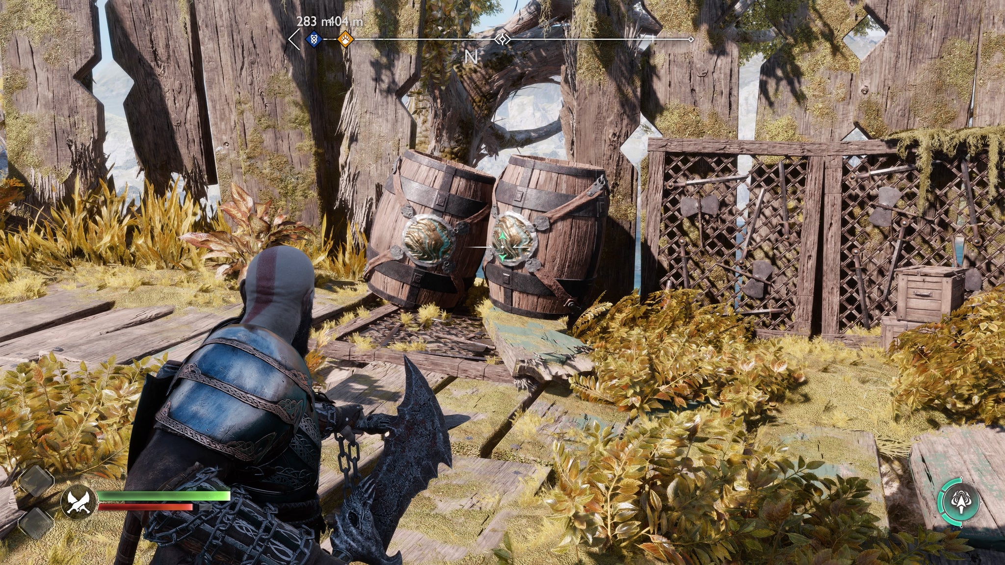 Two barrels blocking the path to the second unlit brazier in God of War Ragnarok - 14