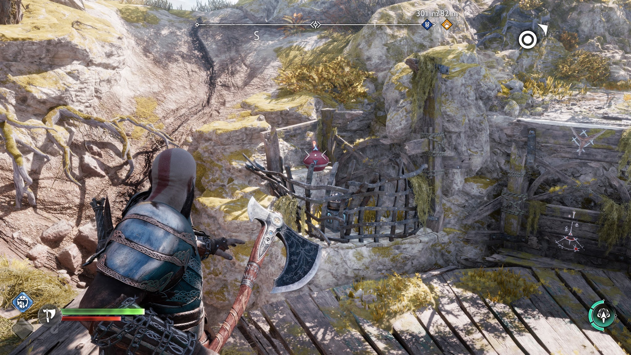 Kratos lining up an axe throw to detonate a flaming pot and light a brazier in God of War Ragnarok - 16