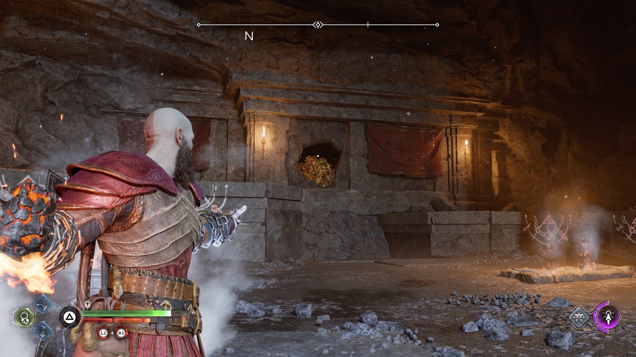 Kratos throwing a firebomb to light a Nornir brazier in the Raider Hideout in God of War Ragnarok - 129