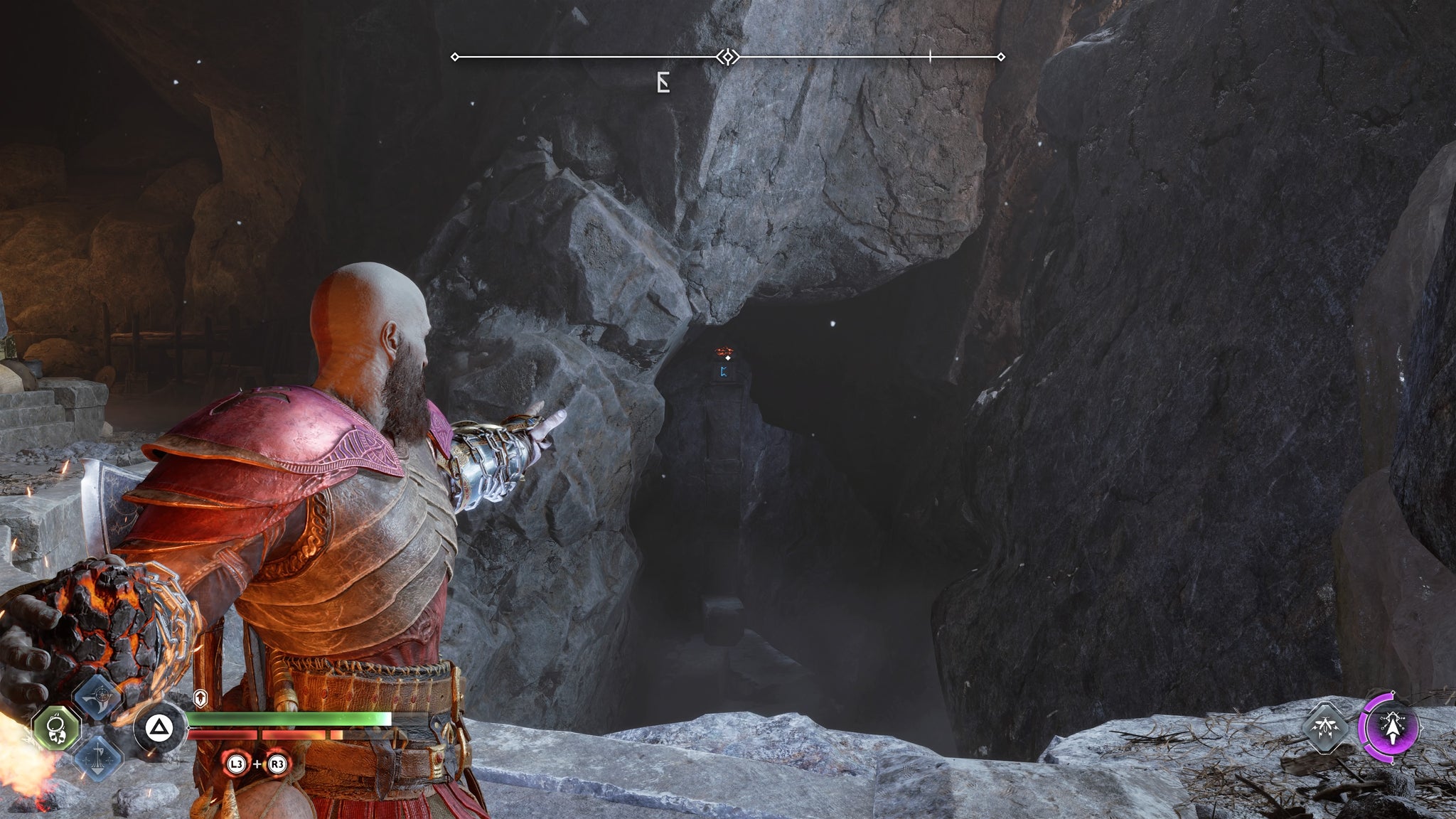 Kratos throwing a firebomb into a cave in the Raider Hideout in God of War Ragnarok - 130
