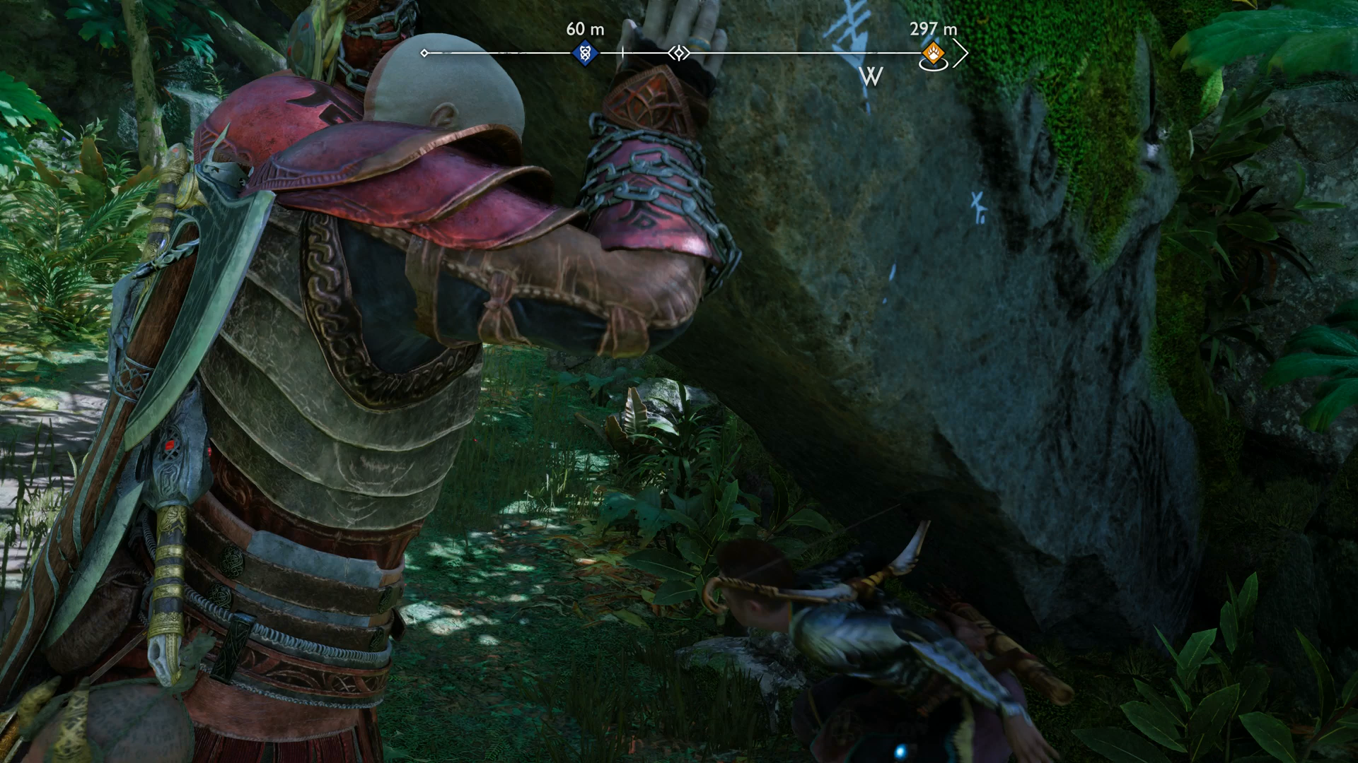 Kratos lifting a heavy pillar in God of War Ragnarok