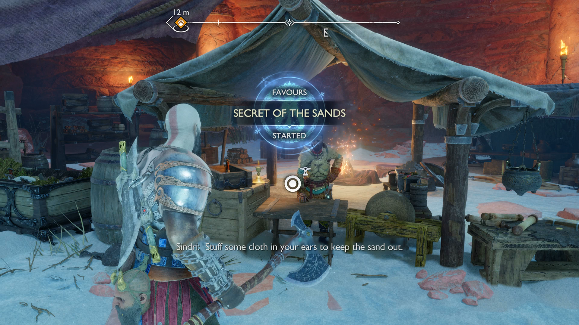 Kratos visiting Sindri&rsquo;s shop during the Secret of the Sands Favour in God of War Ragnarok