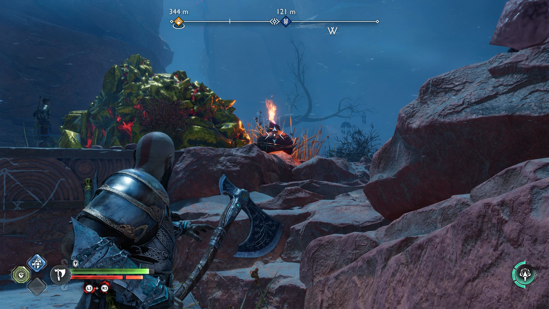 Kratos destroying a pile of golden rocks with a flaming pot in God of War Ragnarok