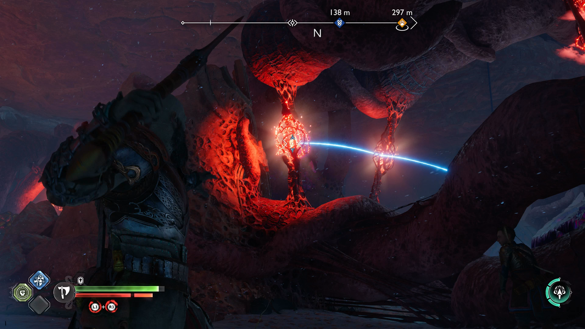 Kratos finding an angle to bounce his axe off a reflection stone in The Below in God of War Ragnarok