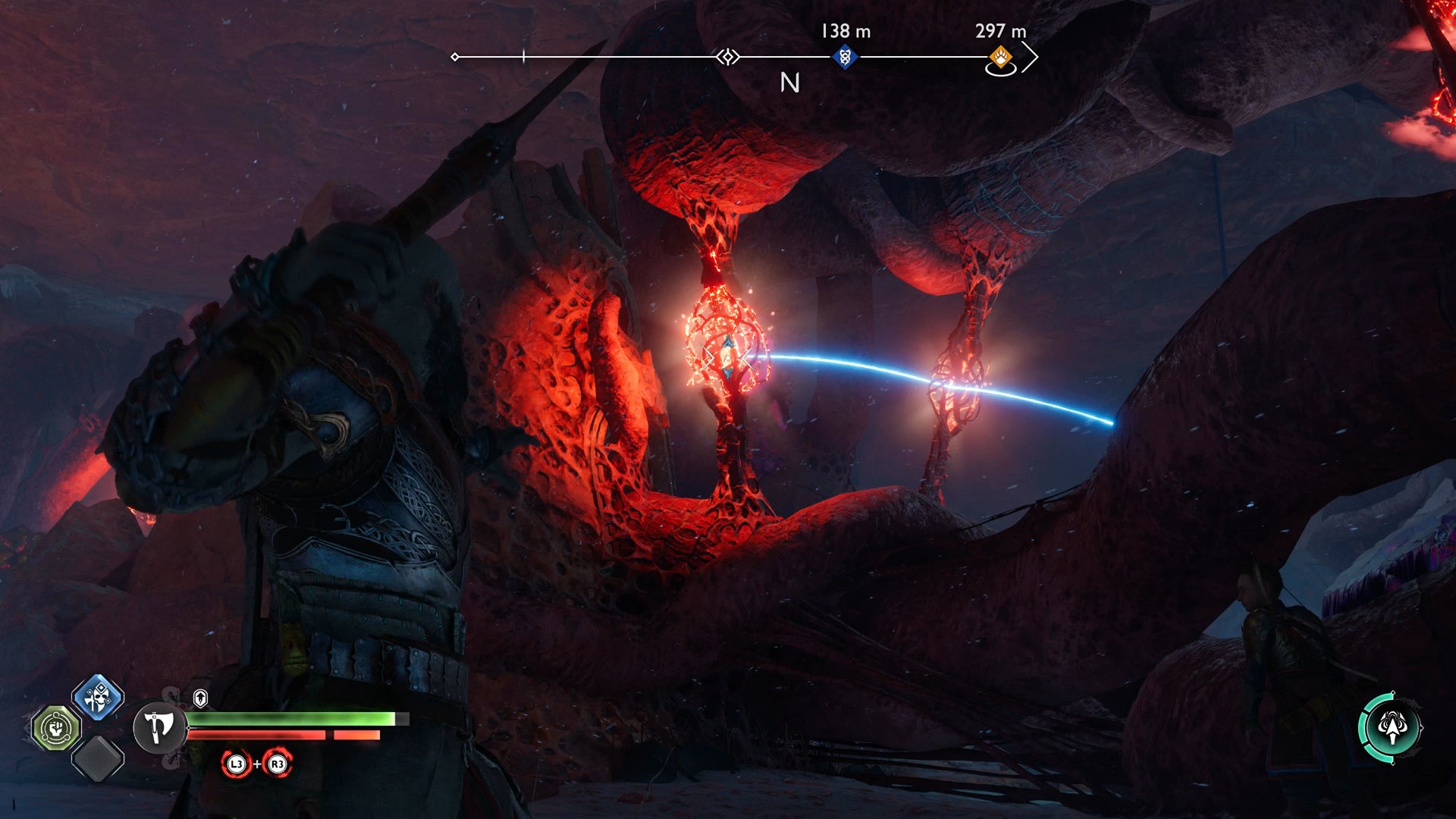 Kratos finding an angle to bounce his axe off a reflection stone in The Below in God of War Ragnarok - 16