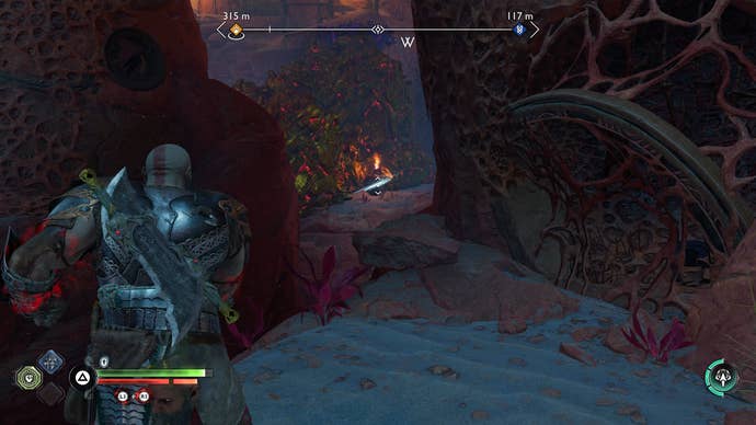 Kratos discovering a hidden flaming pot during Secret of the Sands in God of War Ragnarok