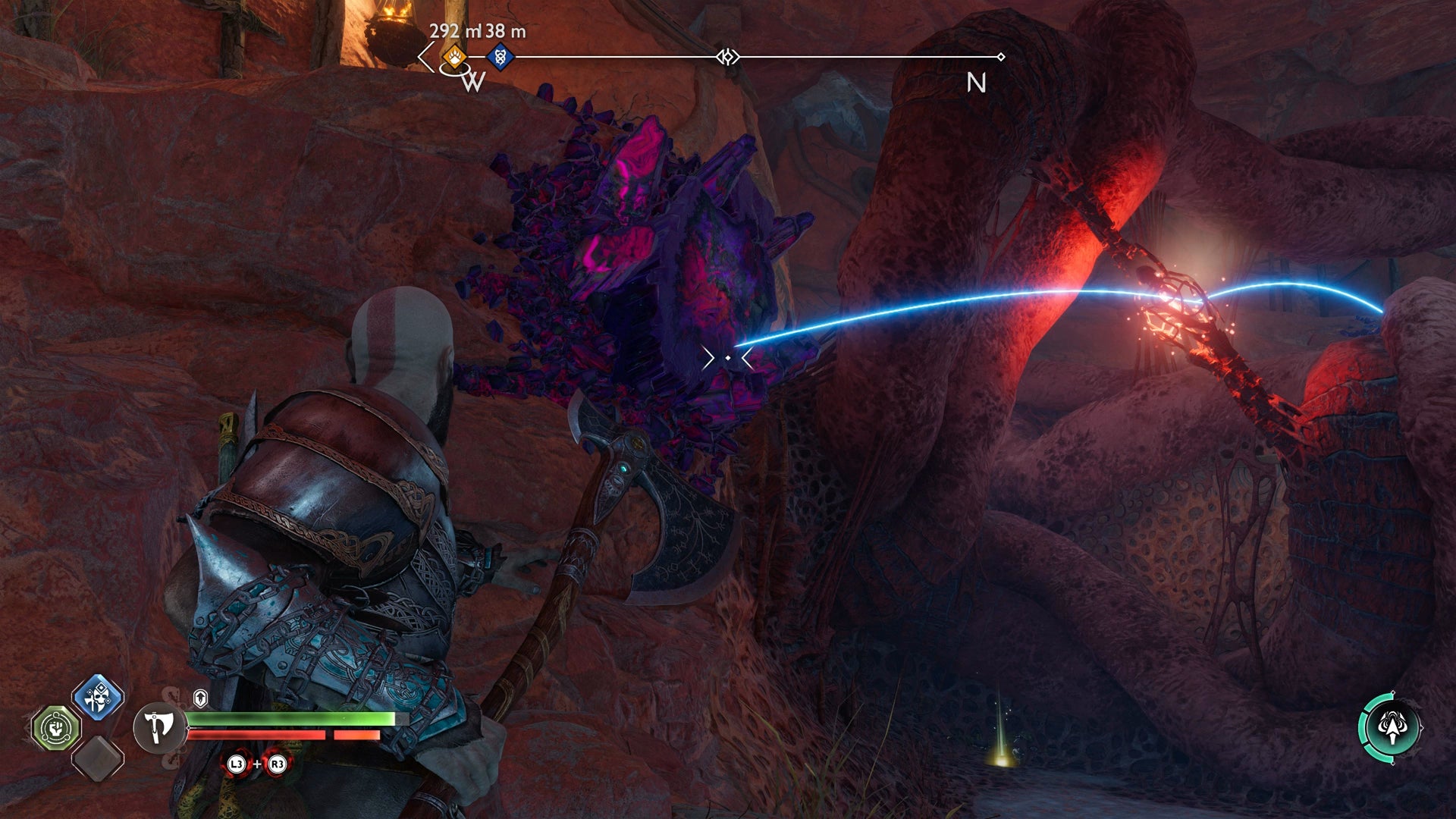 Kratos using a wall to his advantage to clear some dark elf hive material during Secret of the Sands in God of War Ragnarok - 18