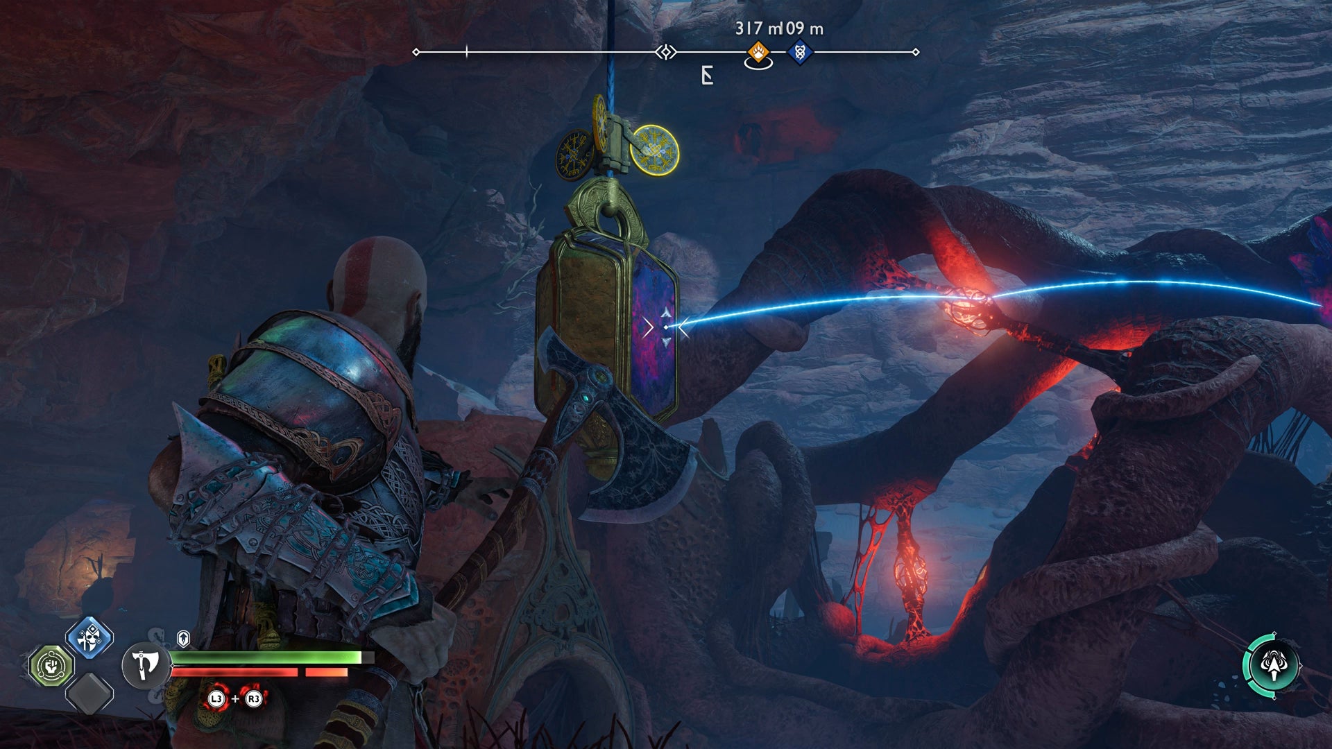 Kratos lining up an axe throw to clear some hive material in God of War Ragnarok - 19