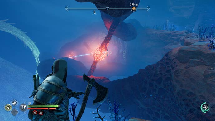 Kratos using his axe to free a giant creature during the Secret of the Sands Favour in God of War Ragnarok