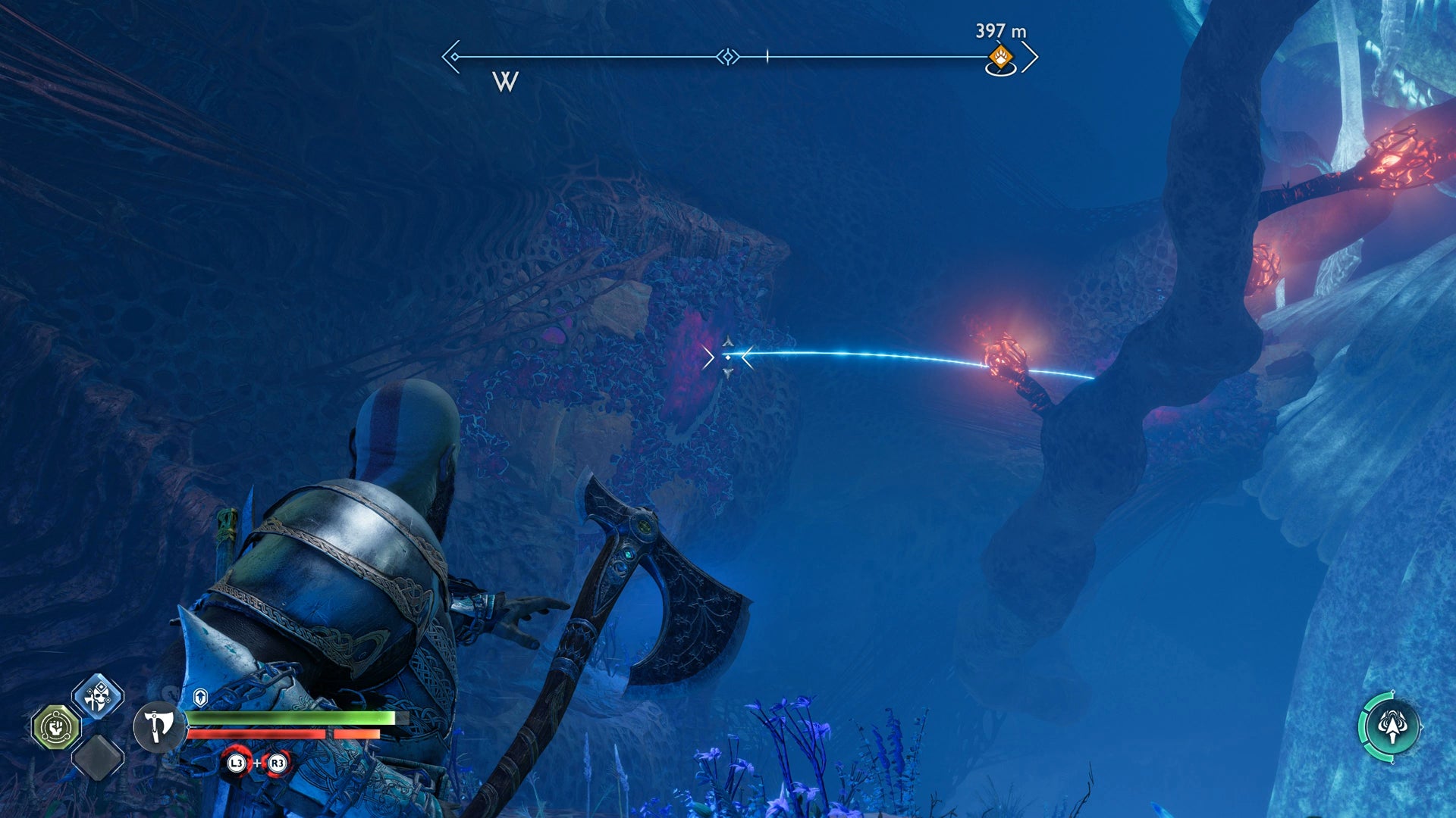 Kratos lining up a throw to clear a small piece of hive material in Secret of the Sands in God of War Ragnarok - 22