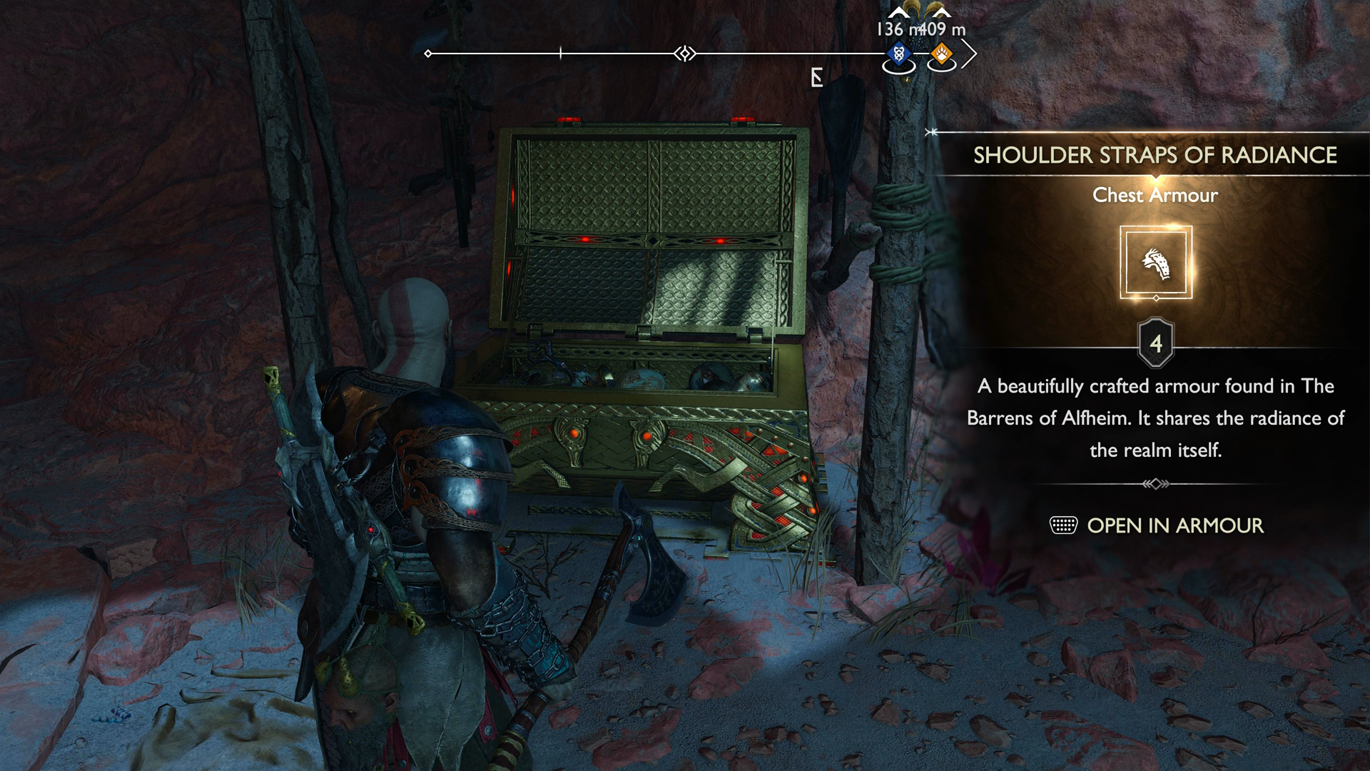 Kratos sliding open a golden chest in God of War Ragnarok