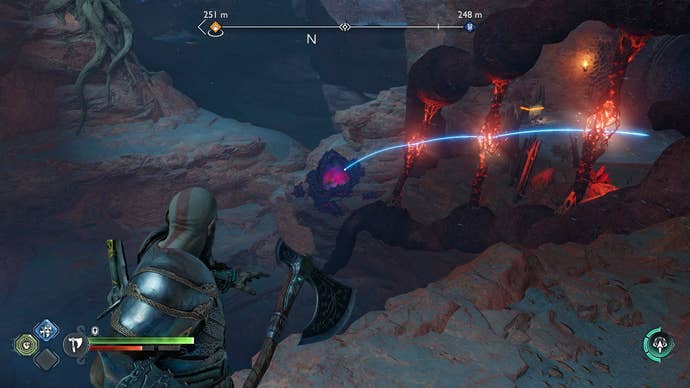 Kratos bouncing his axe off a reflection stone in God of War Ragnarok