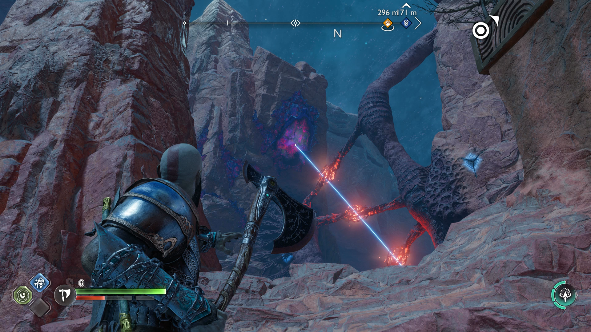 Kratos hollowing out a grapple point in the Below in God of War Ragnarok