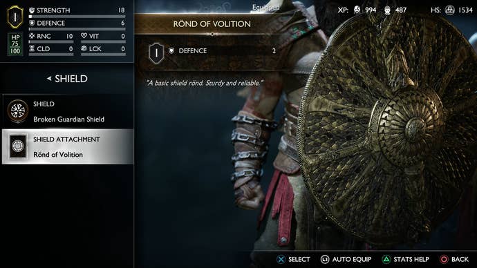 Kratos' broken shield, equipped with the basic Rond of Volition