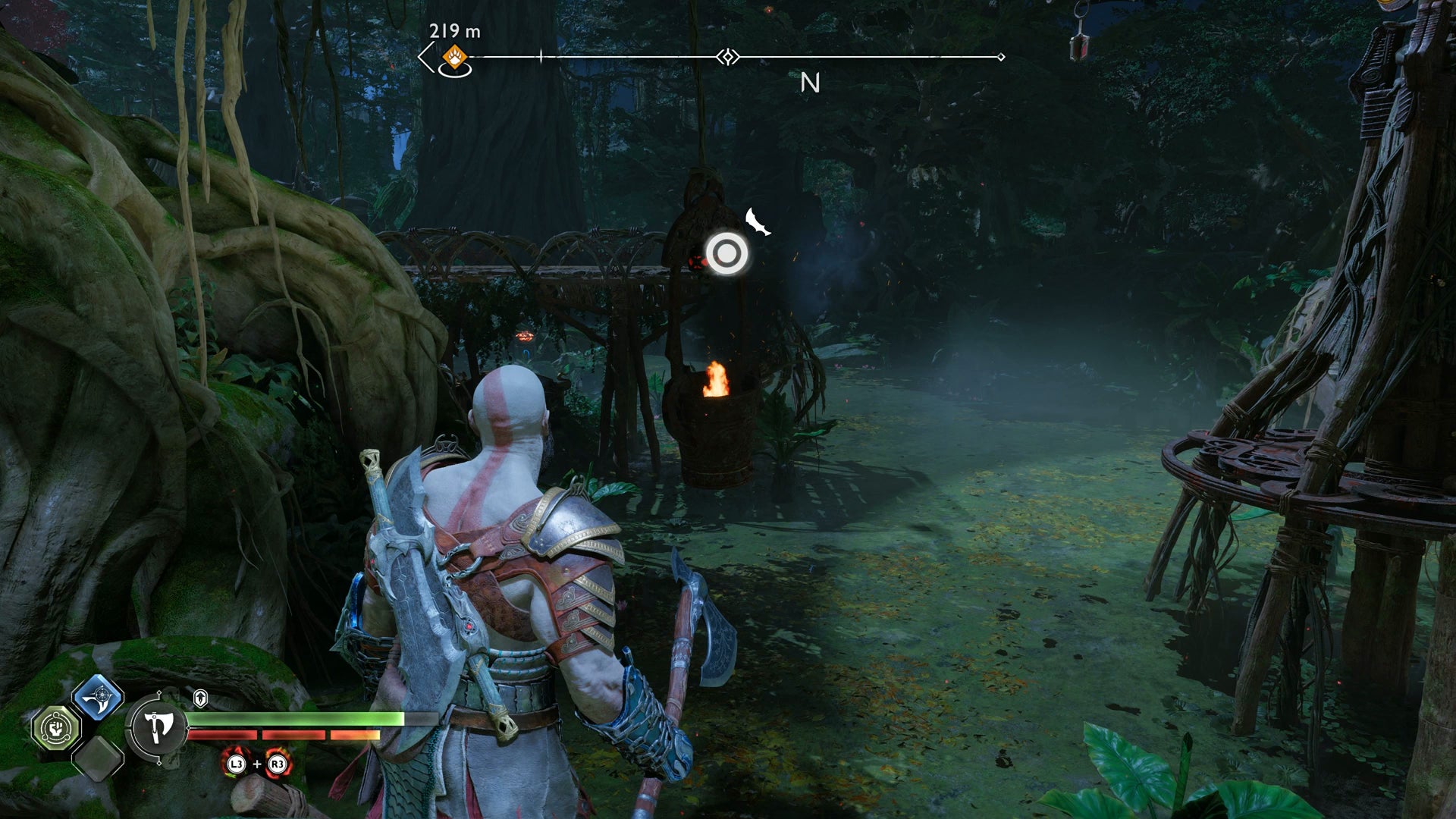 Kratos lighting the second brazier for the Nornir Chest in The Abandoned Village in God of War Ragnarok - 85