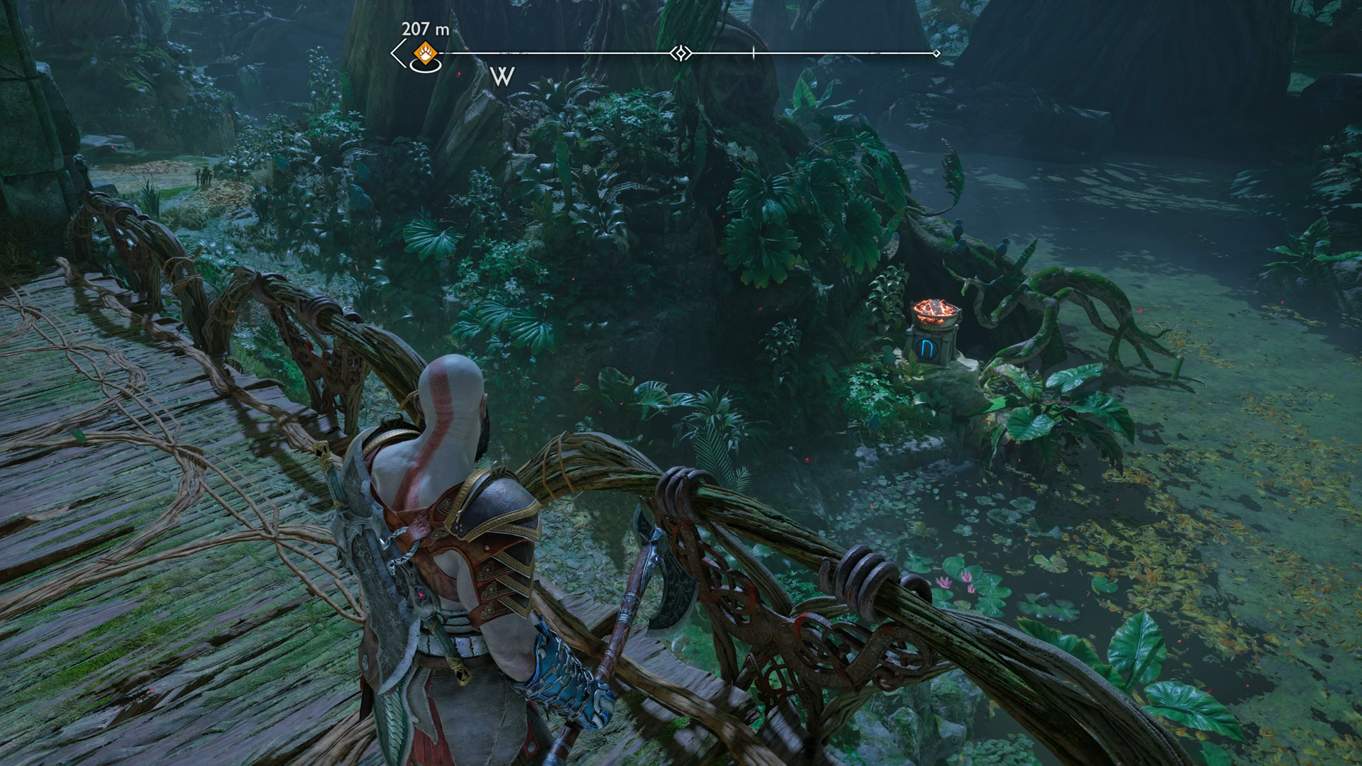 Kratos lighting the third brazier for the Nornir Chest in The Abandoned Village in God of War Ragnarok