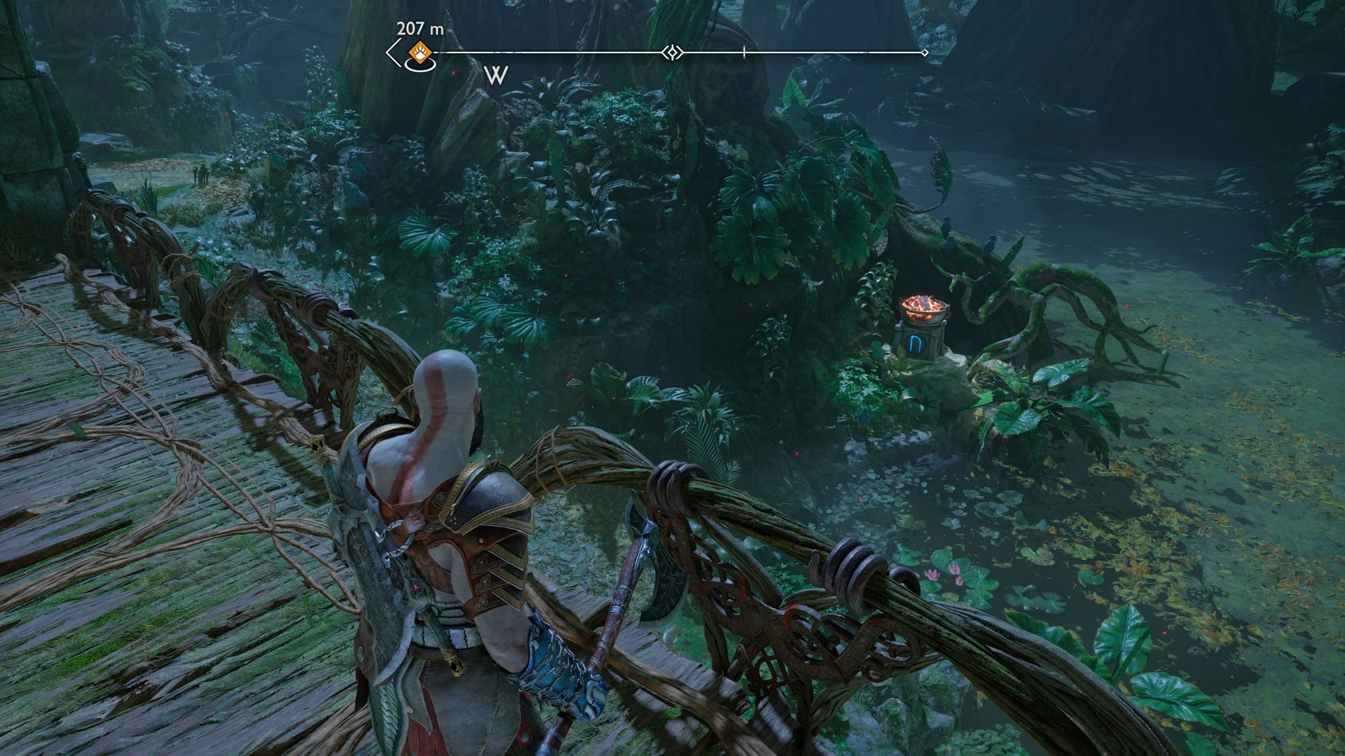 Kratos lighting the third brazier for the Nornir Chest in The Abandoned Village in God of War Ragnarok - 86