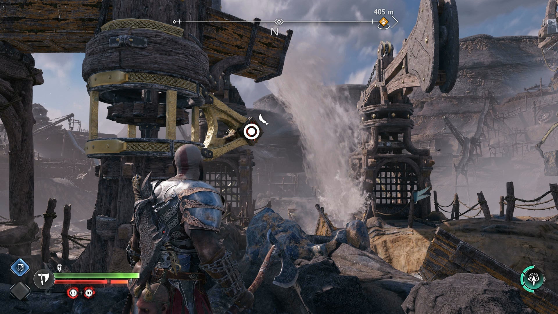 Kratos using his Blades of Chaos to move a crane in God of War Ragnarok - 13