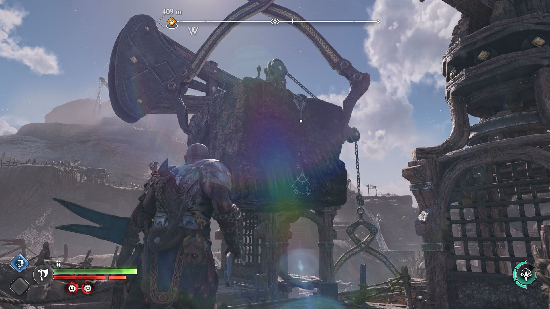 Kratos grappling up to a giant wooden block in God of War Ragnarok - 14