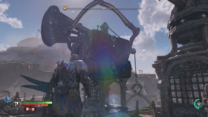 Kratos grappling up to a giant wooden block in God of War Ragnarok