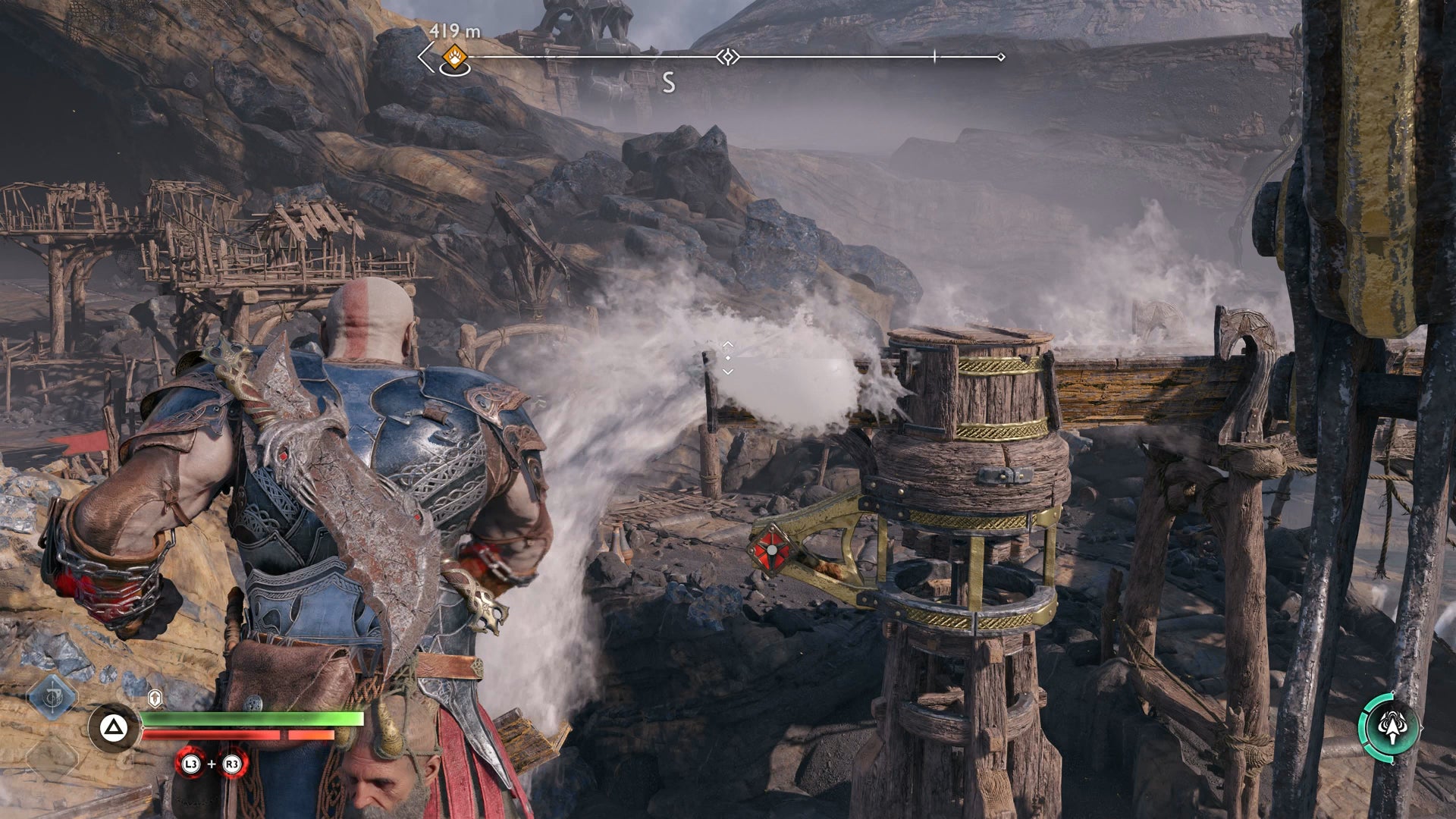 Kratos freezing a water chute to ride a crane in God of War Ragnarok - 15