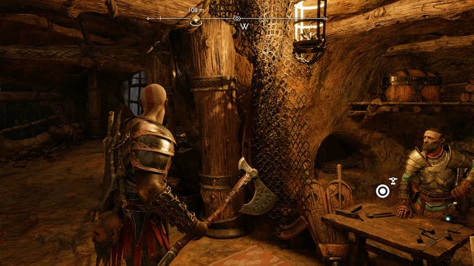 Kratos visiting Sindri’s Shop in The Applecore in God of War Ragnarok