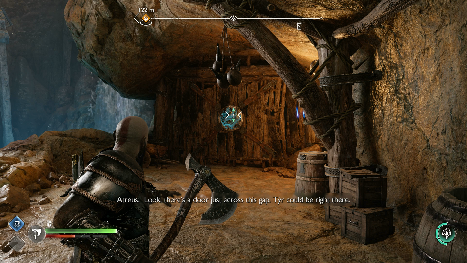 Atreus destroying a sound stone barrier in The Applecore in God of War Ragnarok