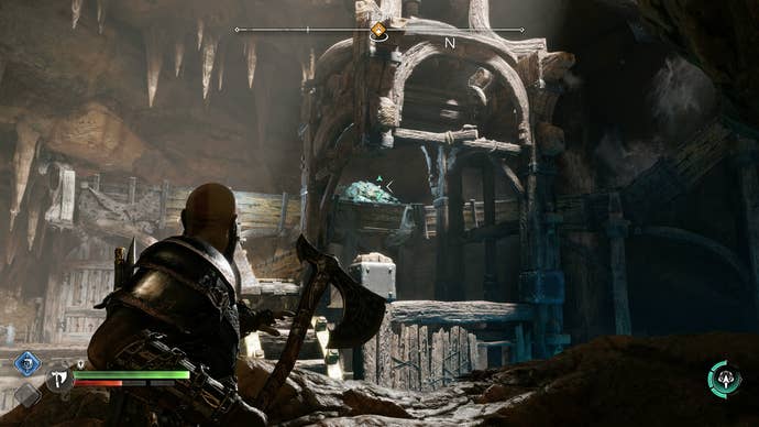 Kratos and Atreus clearing a sound stone blockage in The Applecore in God of War Ragnarok