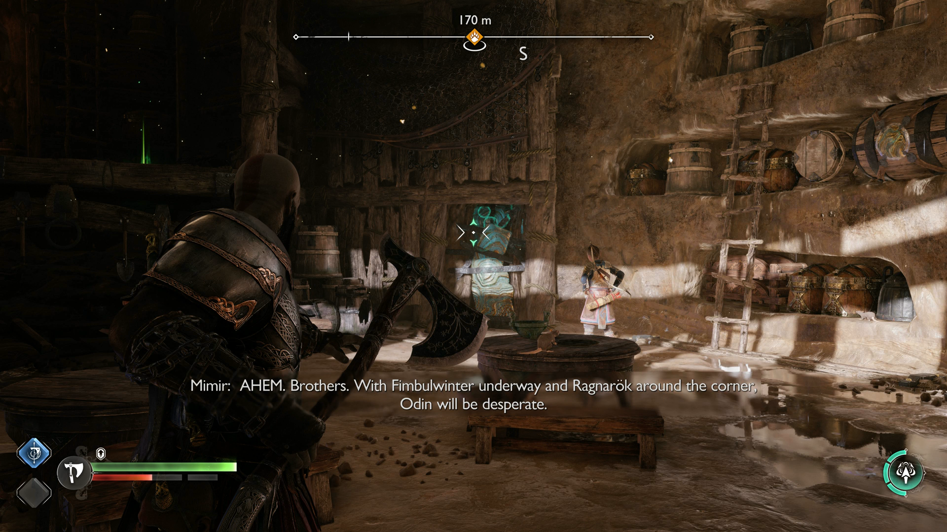 Atreus revealing a hidden path behind a sound stone barrier in The Applecore in God of War Ragnarok