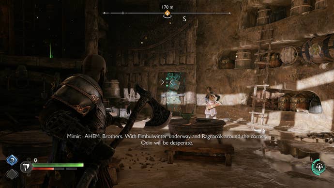 Atreus revealing a hidden path behind a sound stone barrier in The Applecore in God of War Ragnarok